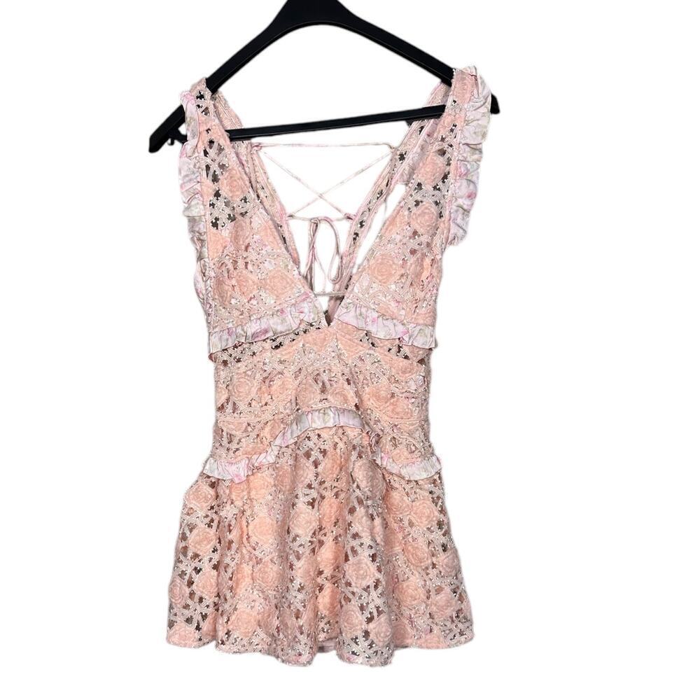 NEW- NWT For Love & Lemons Pink Alessia Lace Mini Dress Size M - Picture 7 of 12